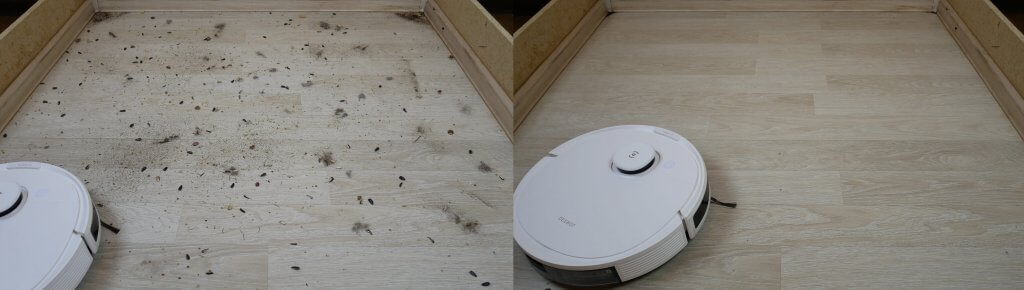 L'aspirateur robot Ecovacs Deebot OZMO N8 PRO ramasse les débris sur les sols stratifiés.