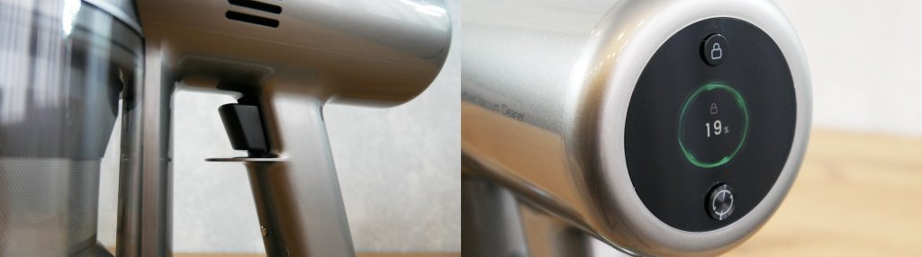 Dreame V12 Pro : Bouton d’alimentation et écran