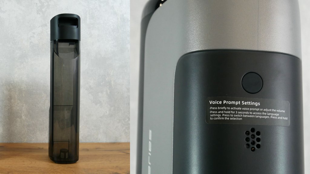Dreame M12 : Réservoir d’eau propre et bouton de commande d’alerte vocale
