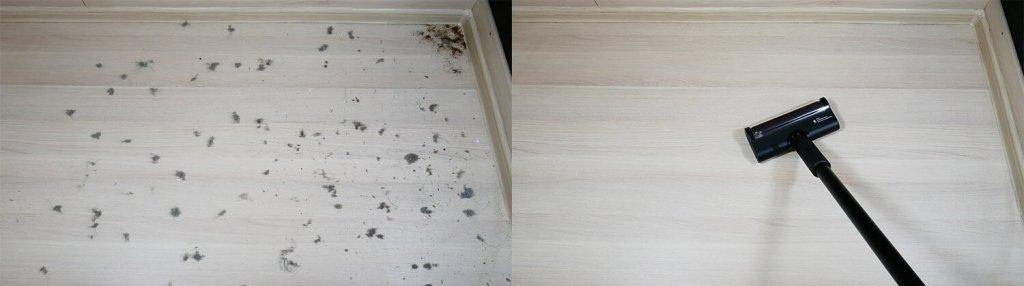 Dreame M13s : Accumulation de débris sur un sol stratifié