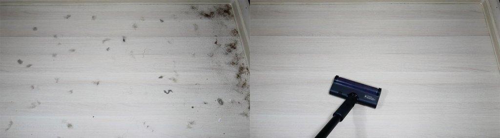 Dreame H12 Dual : Ramassage des débris sur les sols stratifiés