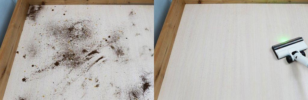 Deerma T10W : Collection de débris sur sol stratifié